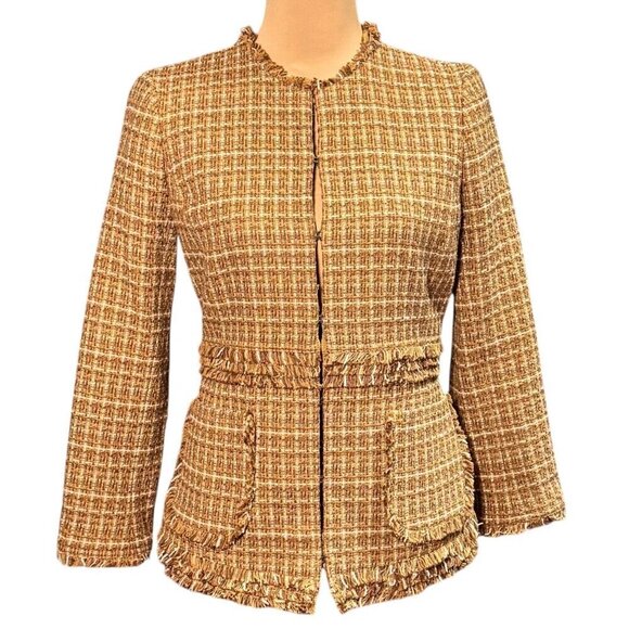 Brooks Brothers Tweed Blazer Sz.6 Tan Fitted Fringe Trim Career Old Money Classy - Picture 2 of 12